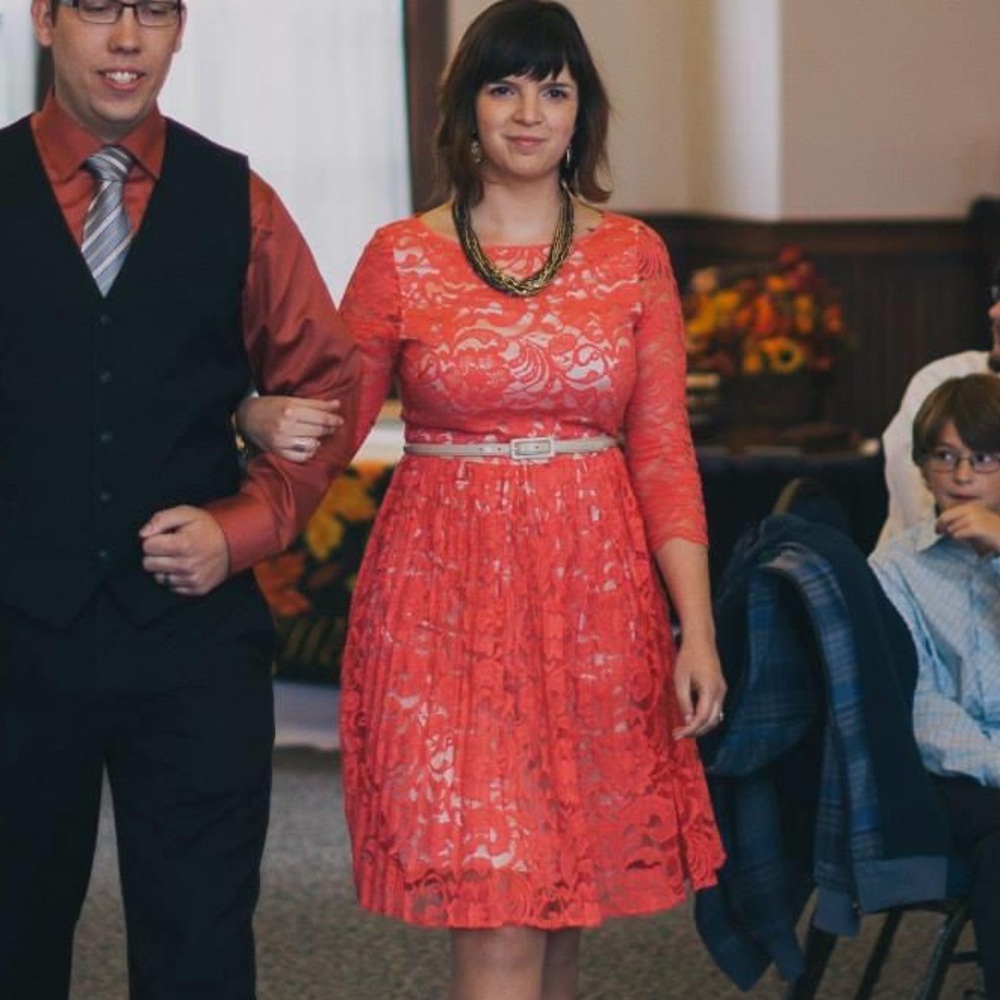Coral pink lace overlay party dress